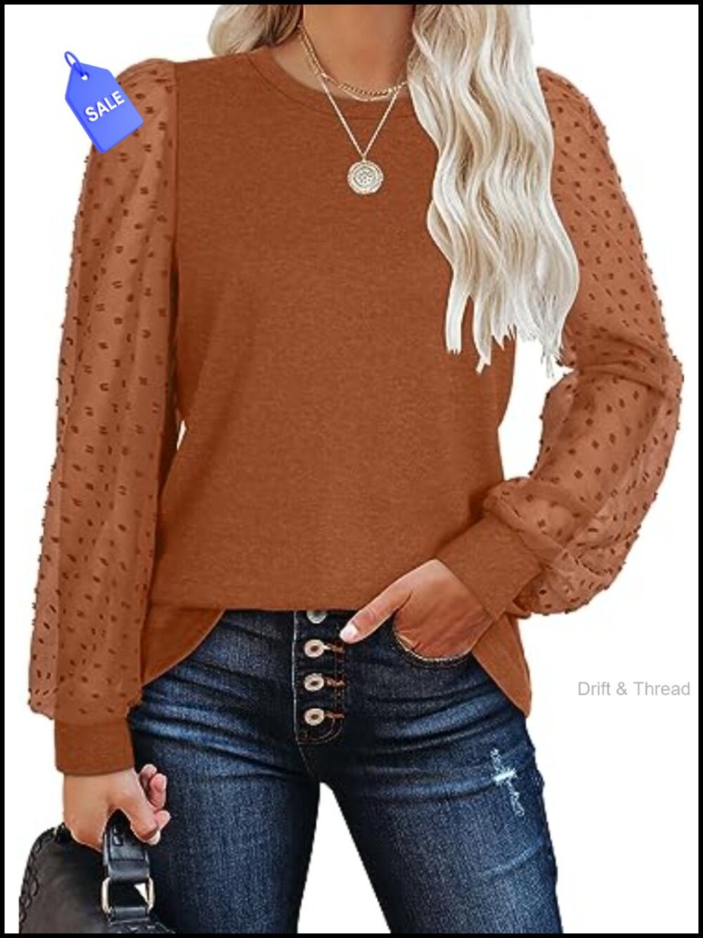 Womens Long Sleeve Puff Sleeve Tunic Top Swiss Dot Crew Neck Blouse